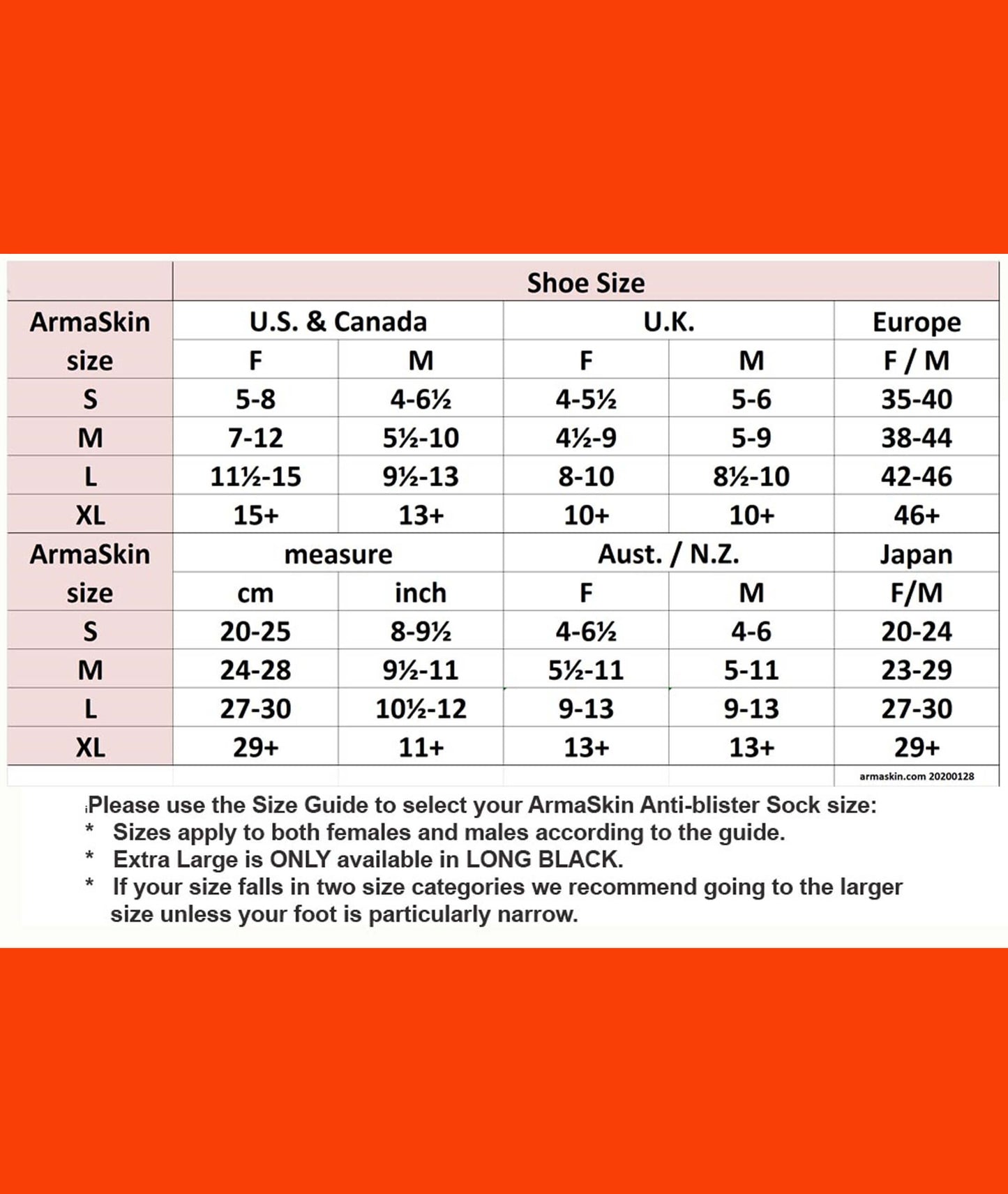 ArmaSkin Sizing Chart