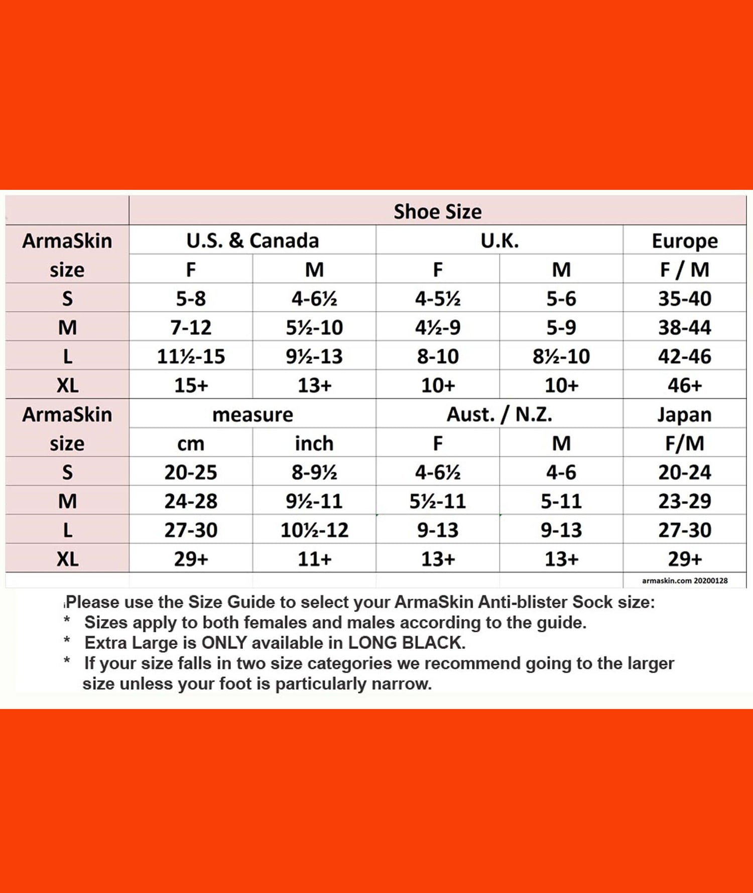 ArmaSkin Sizing Chart